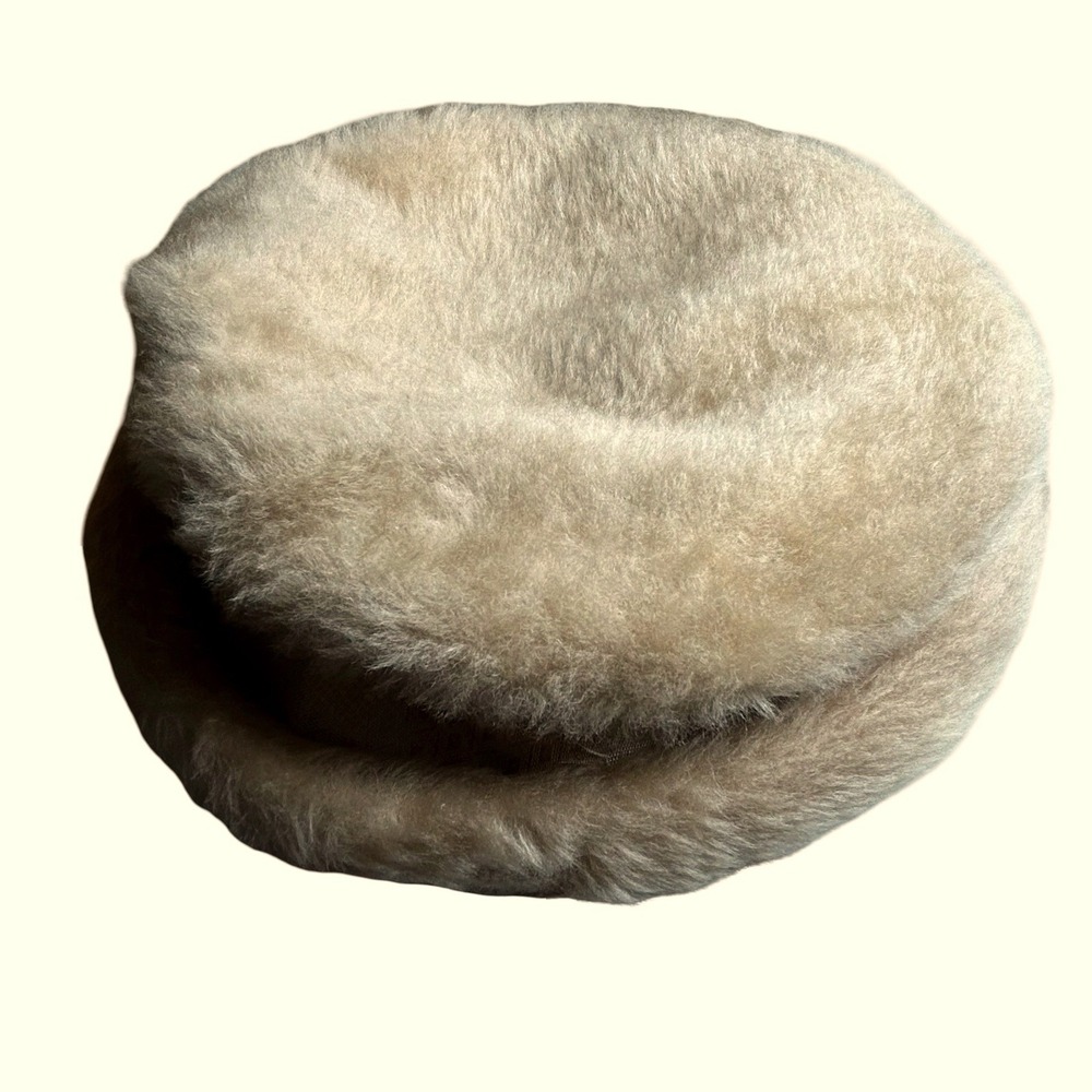 Vintage Nancy Faux Fur Pillbox Hat Beige Cream Plush Winter Cossack Cap 1960s